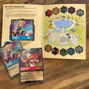 Disney Lorcana completed Epcot Quest book with quest and reward cards